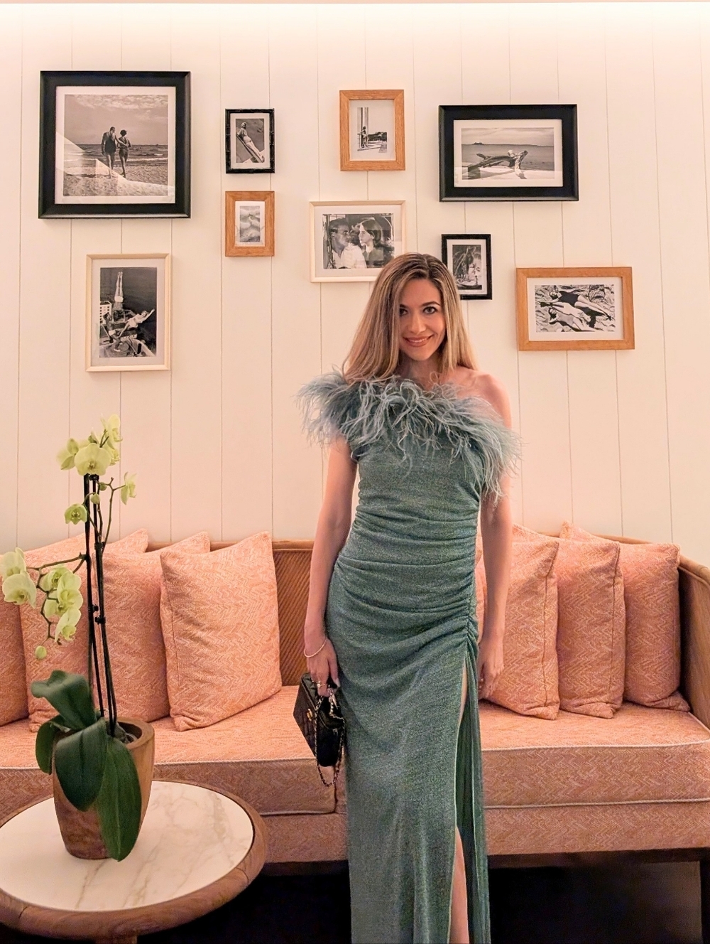 Oseree Plumage One-Shoulder Feather Trim Maxi Dress in Mint - Picture 6 of 6